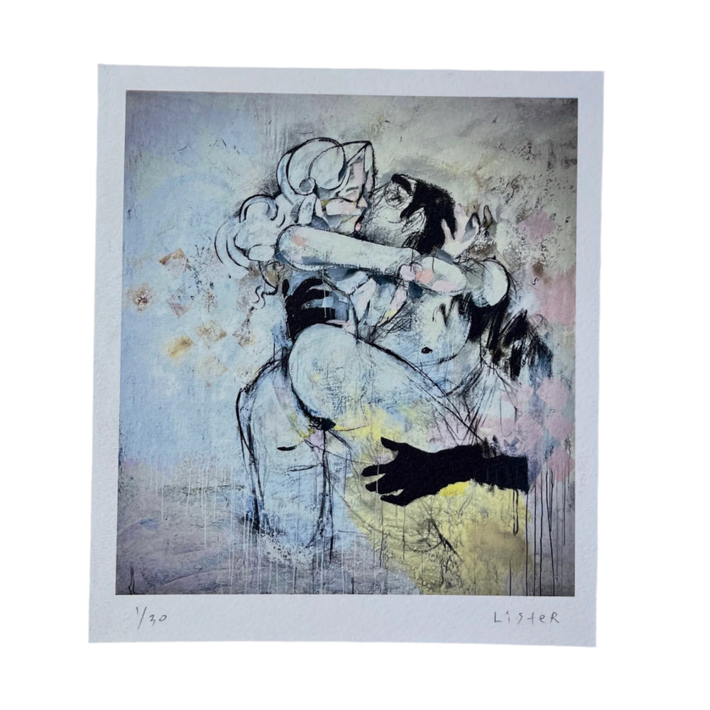 Abstract artwork of two figures embracing with a hand reaching out, on a textured white background.