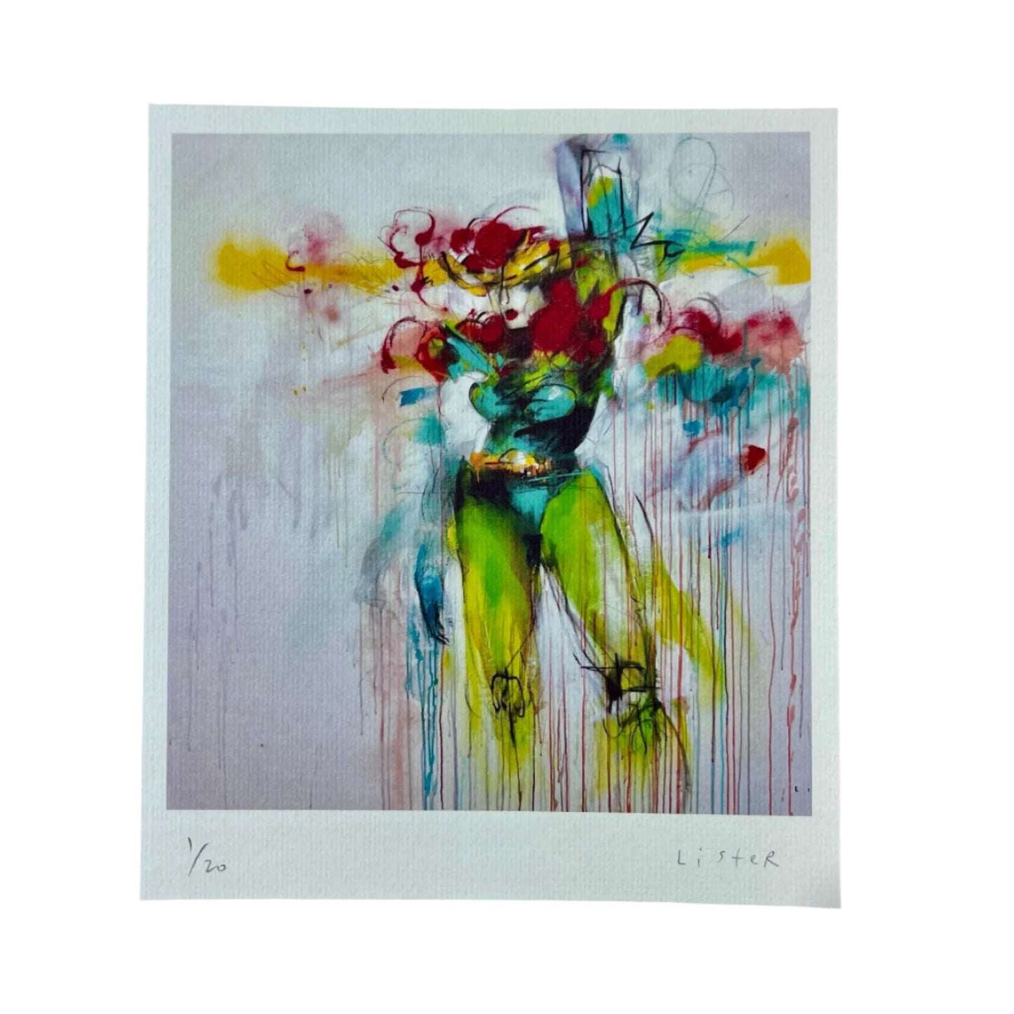 Abstract artwork with colorful figures on a light gray background
