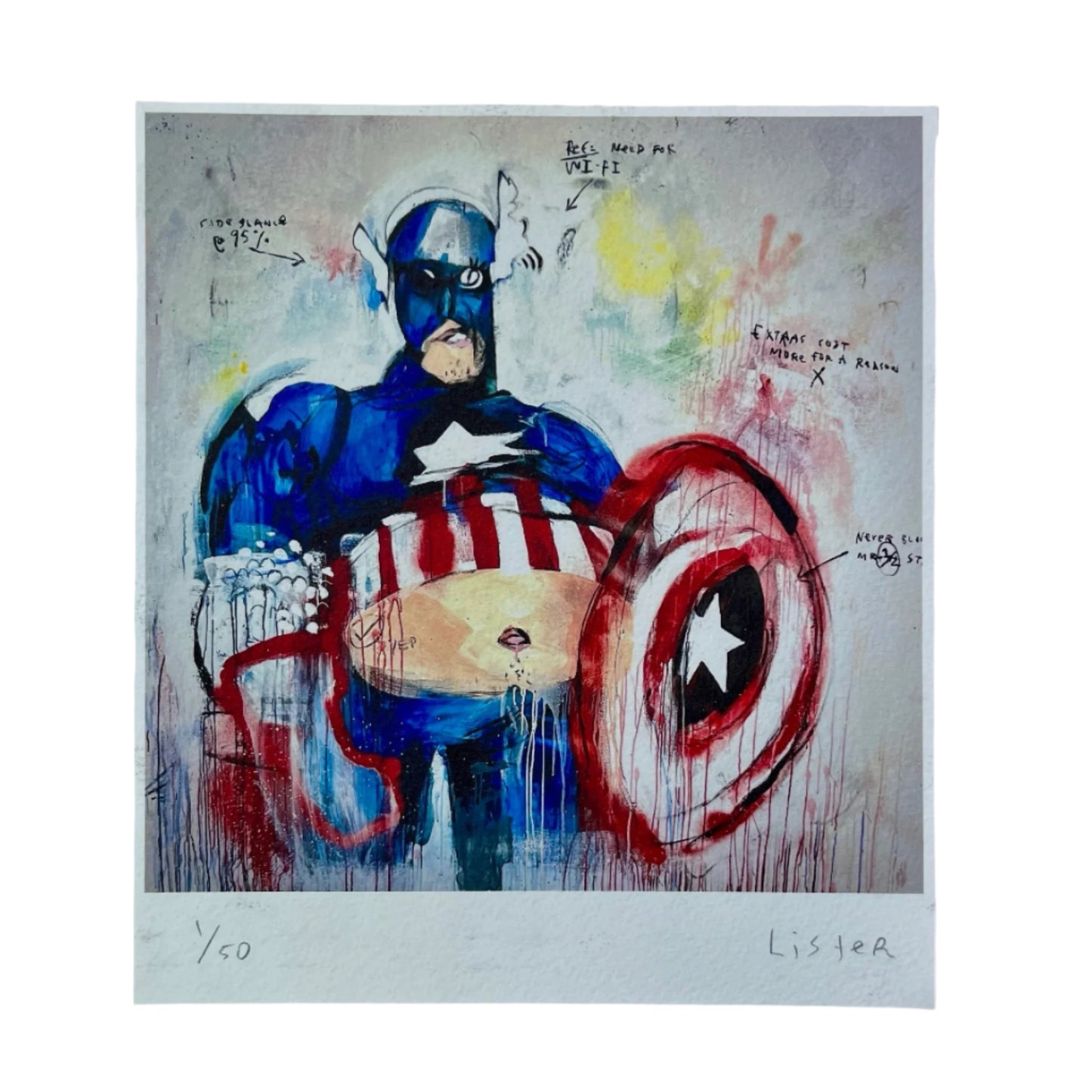 
                  
                    Artistic depiction of a superhero character with a shield, stylized with text and abstract elements.
                  
                
