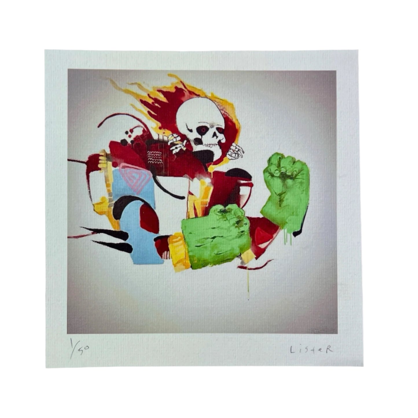 
                  
                    Colorful abstract artwork with a skull and fists on a gray background
                  
                