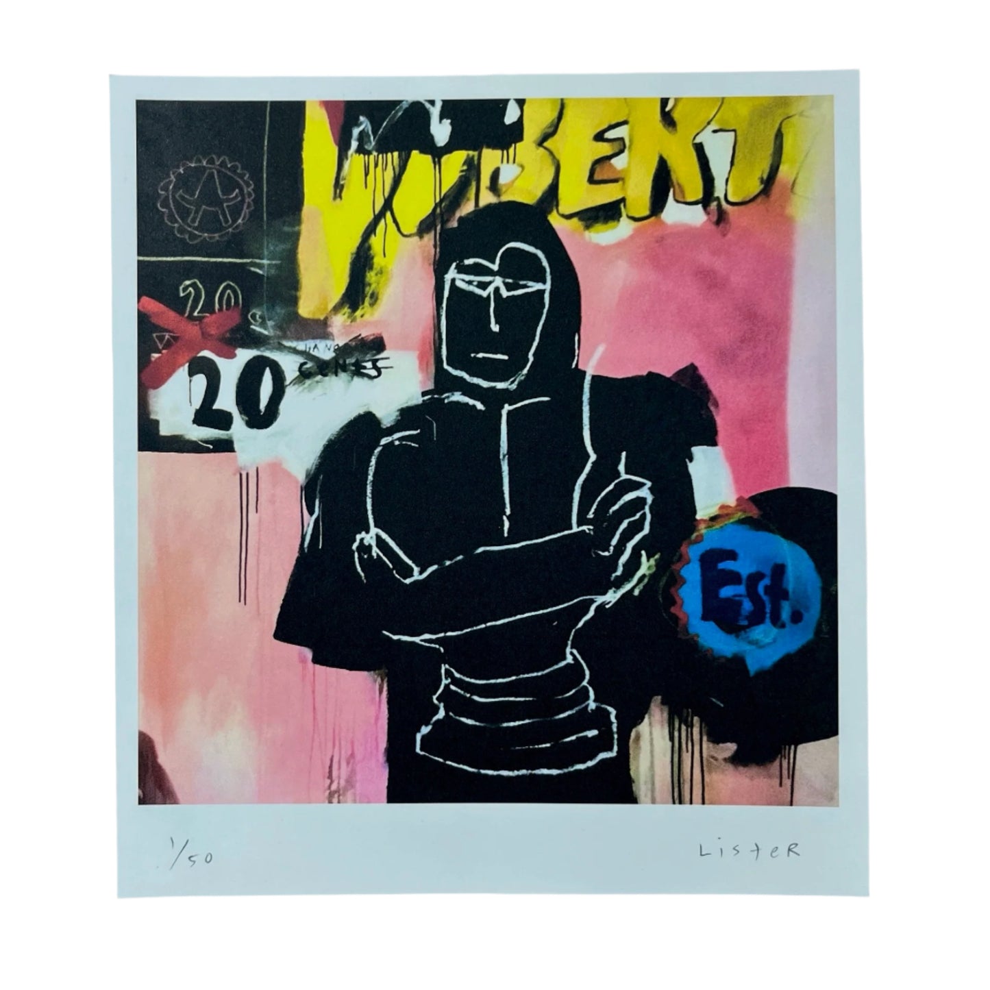 Abstract artwork with a black figure and colorful text on a light blue border