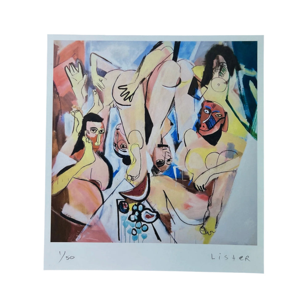Abstract artwork with multiple figures in a stylized manner, signed 'Lister'.