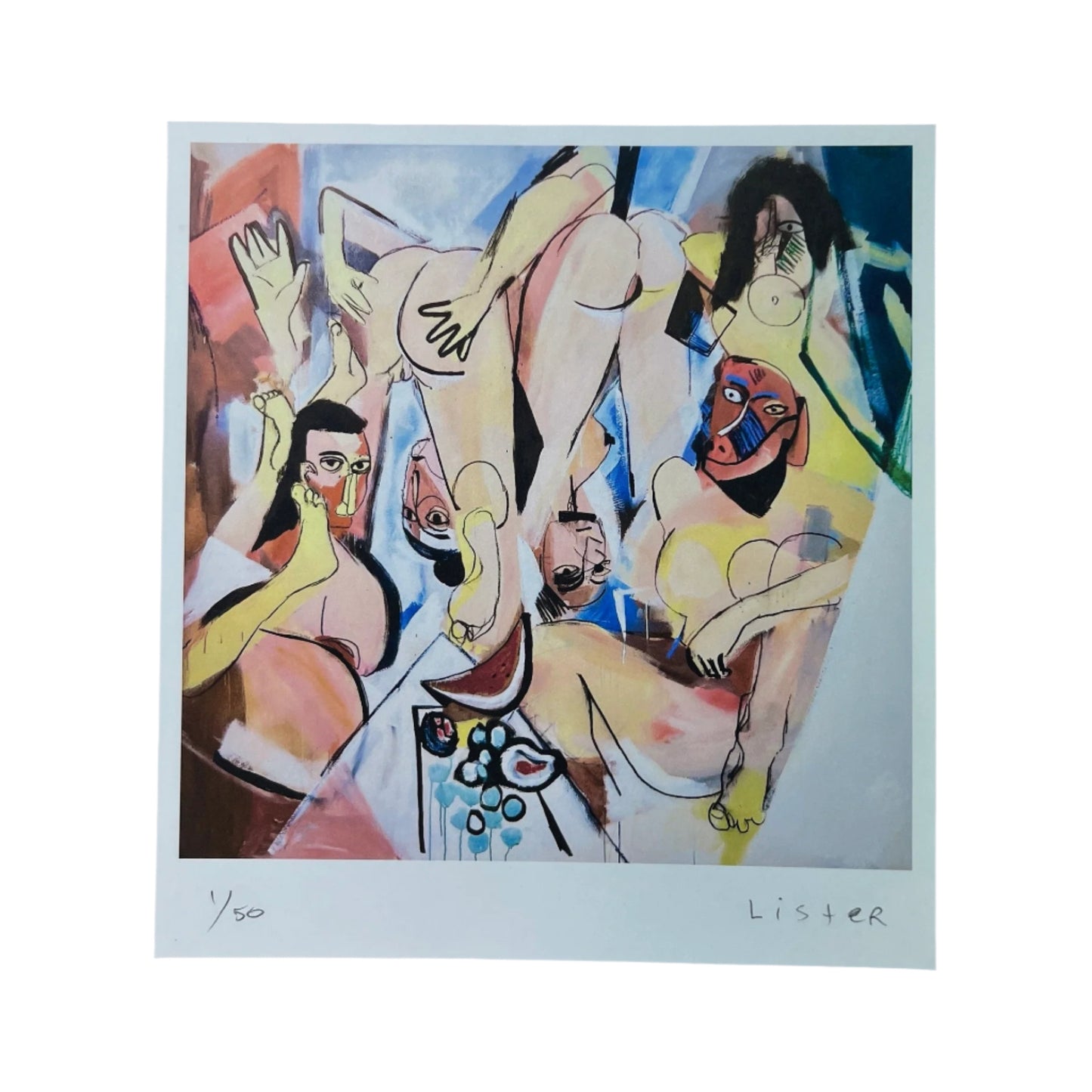 Abstract artwork with multiple figures in a stylized manner, signed 'Lister'.