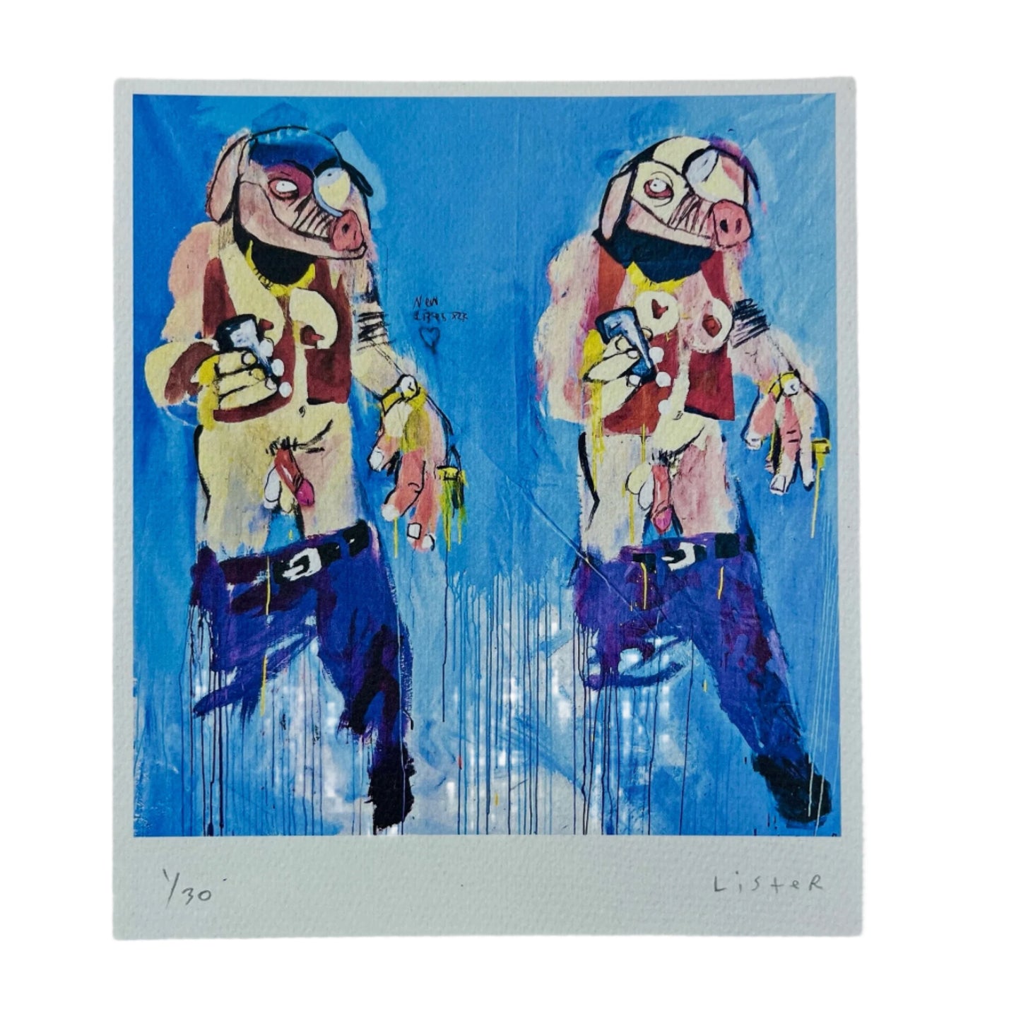 Abstract artwork of two figures with tattoos on a blue background